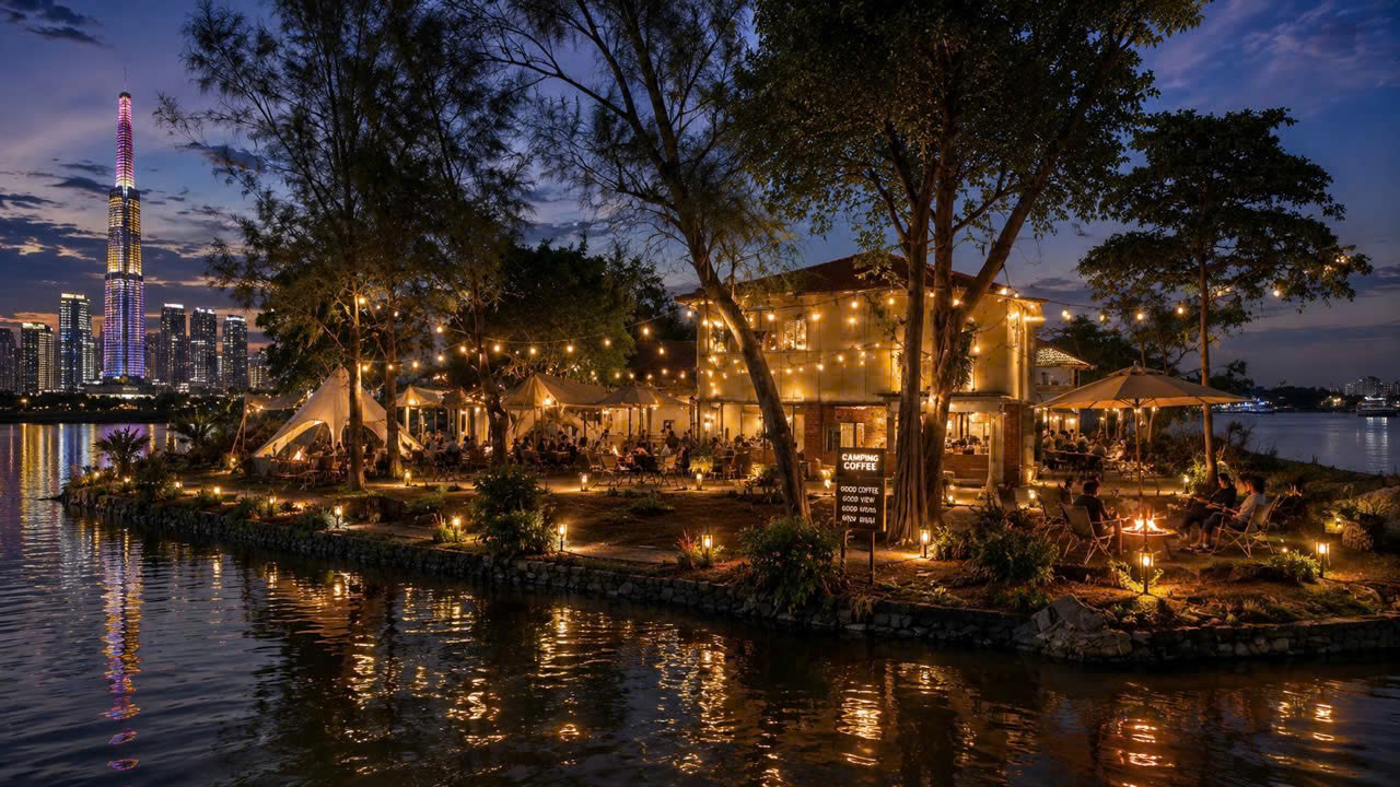 Toàn cảnh Bến Chill Garden trên bán đảo ven sông về đêm
