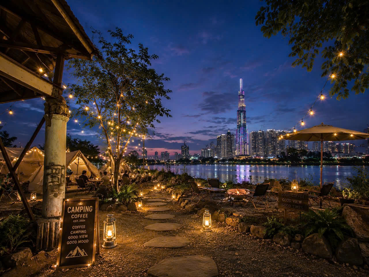 Không gian Bến Chill Garden về đêm nhìn ra sông