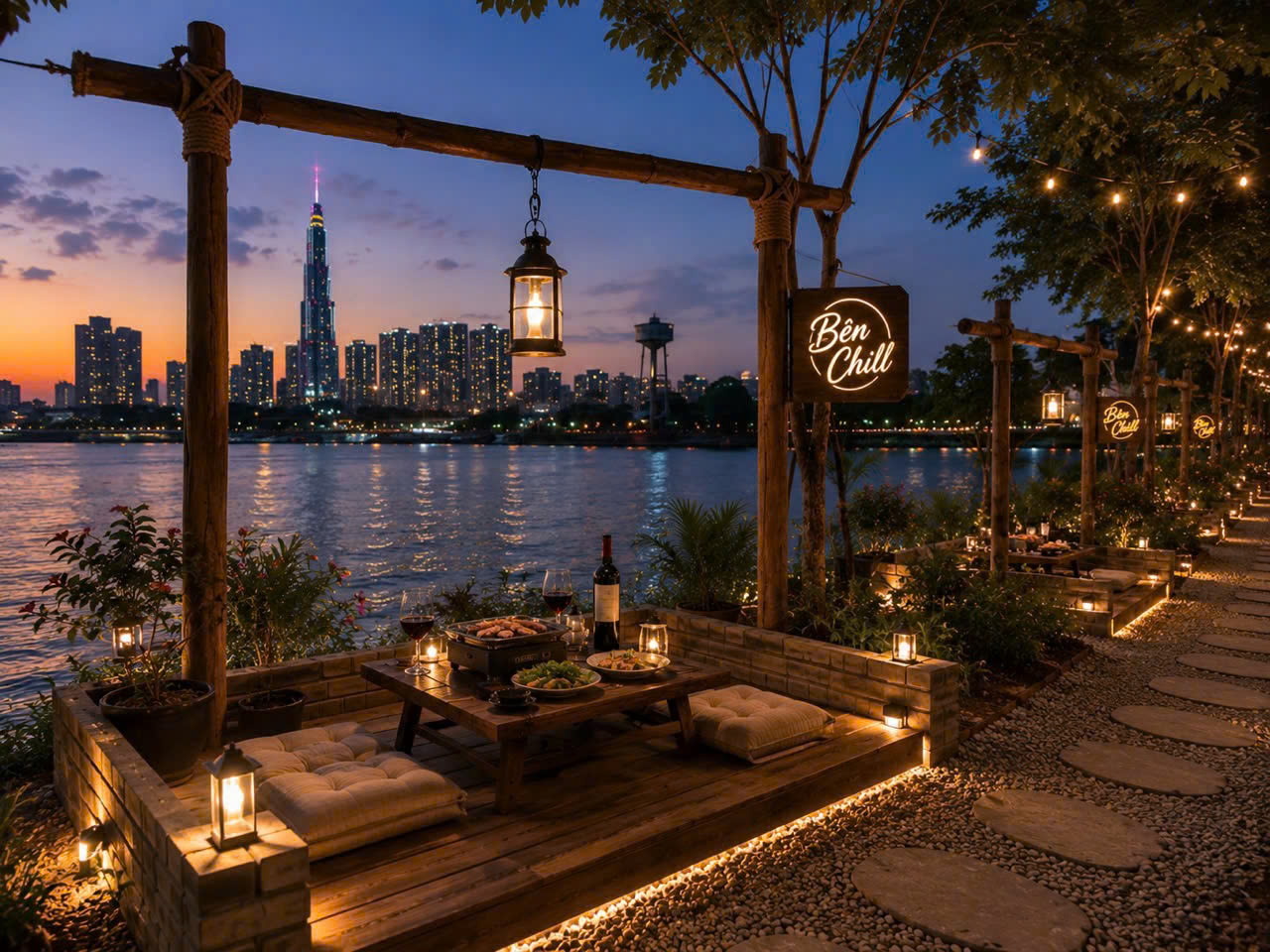 Bàn tiệc riêng ven sông tại Bến Chill Garden